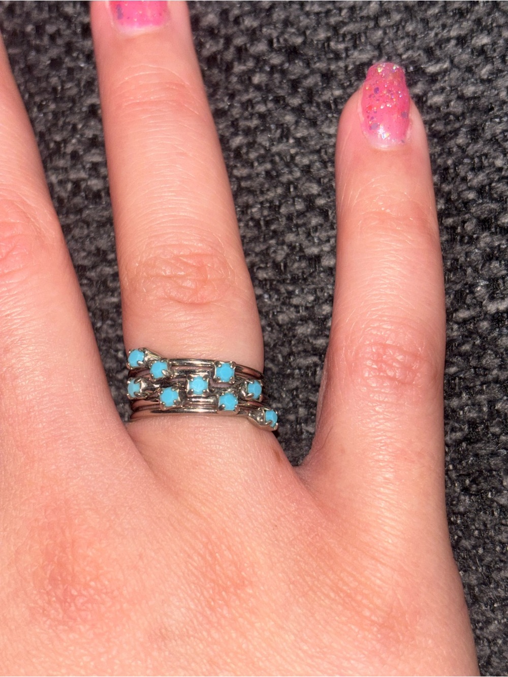 Turquoise Stone Stackable Silver Ring - Blue Multi-Row Band 5 Rings